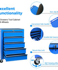 Heavy Duty 20 Inch Rolling Tool Chest Featuring 5 Slick Ball Bearing Drawers Rock Solid 360 Swivel Casters Scratch Proof Steel Work Top Blue Garage Organizer with drawers.