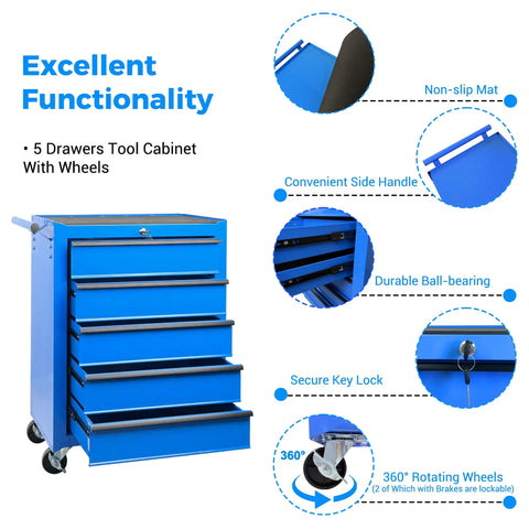 Heavy Duty 20 Inch Rolling Tool Chest Featuring 5 Slick Ball Bearing Drawers Rock Solid 360 Swivel Casters Scratch Proof Steel Work Top Blue Garage Organizer with drawers.