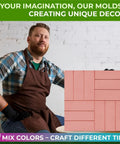 Plastic Concrete Molds Pathmaker Set for DIY patio paving slabs with a man in an apron showcasing a sample parquet tile