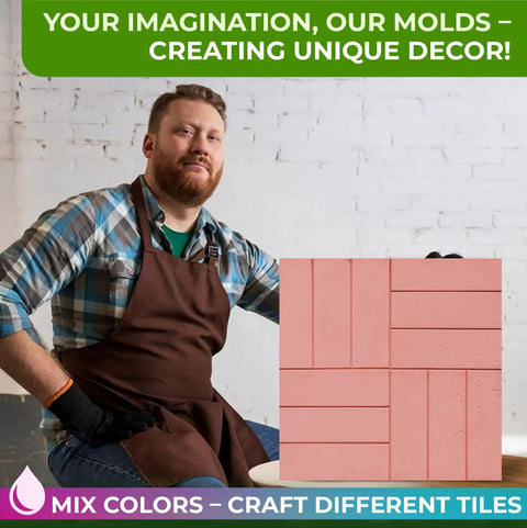 Plastic Concrete Molds Pathmaker Set for DIY patio paving slabs with a man in an apron showcasing a sample parquet tile