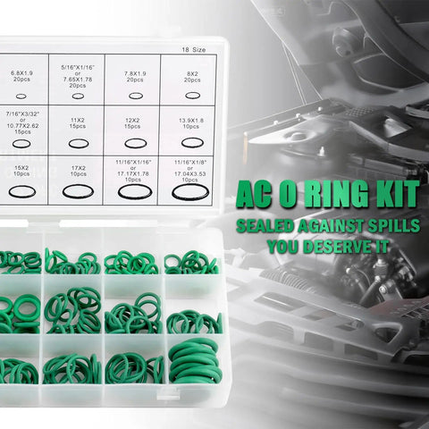 270 Piece AC O Ring Kit With 18 Sizes And Oil Resistant Rubber O Rings For Car AC Compressor Sealing, displayed in open box.