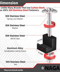 Diagram of 304 Stainless Steel fasteners, showing 3.5 inch bolt and aluminum alloy clamp for No Sweat Truck Tool Box Mounting Kit.