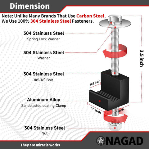 Diagram of 304 Stainless Steel fasteners, showing 3.5 inch bolt and aluminum alloy clamp for No Sweat Truck Tool Box Mounting Kit.