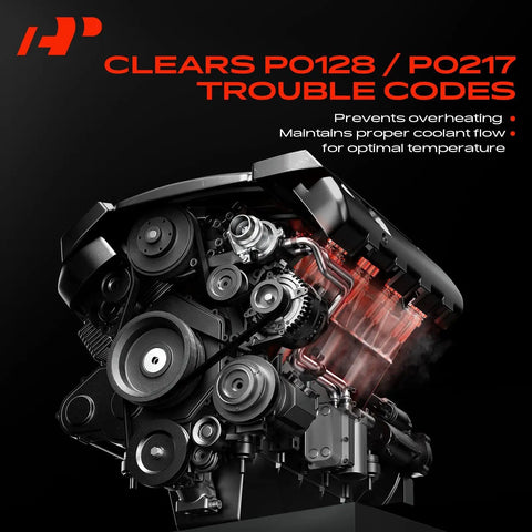 Engine visualization with text highlighting the Upgraded Aluminum Engine Coolant Thermostat Housing Assembly With Sensor And O Ring For Chevy Cruze Sonic Trax And Buick Encore 1.4L Direct Fit Replacement 55565336 benefits