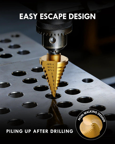 6 Piece Step Drill Bit Set With Automatic Center Punch High Speed Steel Drill Bits creating holes in metal surface