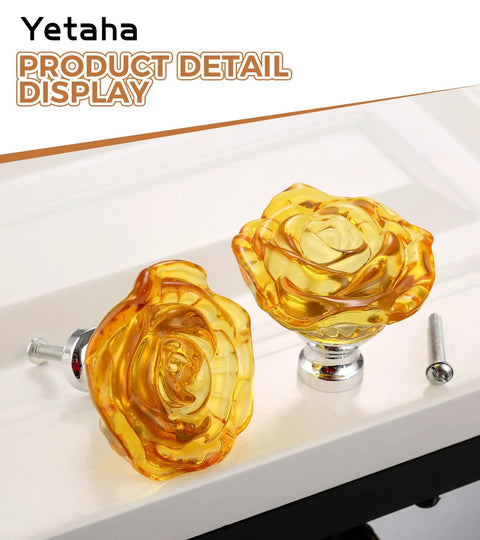 Yellow Crystal Rose Shaped Glass Cabinet Knobs 5 Pack With Screws Easy Install For Drawers Cabinets