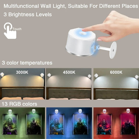 LED Wall Mounted Reading Lights Dope 2 Pack Cordless Magnetic Wall Sconce with Remote and touch control for brightness and color adjustment.