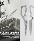 Ambidextrous Japanese Stainless Steel Kitchen Scissors For Spatchcocking Chicken, Trimming Fat, And Breaking Down Poultry, Also Great For Pizza, Flatbread, Herbs, Quesadillas, And Quick Package Opening, Detachable For Easy Cleaning. Detachable stainless steel kitchen scissors shown open and rinsed in a sink.