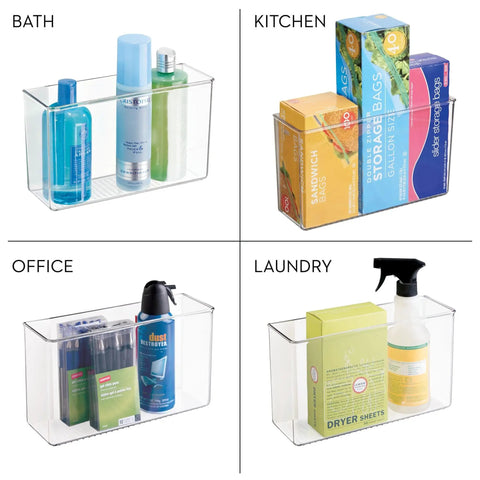 Clear Plastic Wall Mount Organizer for Kitchen Bathroom Office Garage and Craft Room versatile storage boxes holding toiletries, bags, cleaner, and sheets