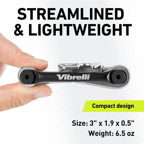 Close-up of Ride Ready 19 Tools Bike Multitool With Carry Case Ultra Slim 3 Inch 6.5 Oz, held between fingers, compact size visible.
