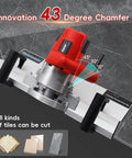 Professional Electric 45 Degree Tile Chamfering Tool With Heavy Duty Aluminum Base Plate Precision Bevel Cutter showing 43 degree angle features.