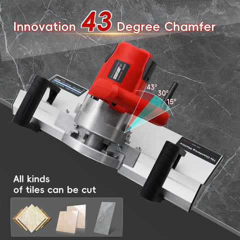 Professional Electric 45 Degree Tile Chamfering Tool With Heavy Duty Aluminum Base Plate Precision Bevel Cutter showing 43 degree angle features.