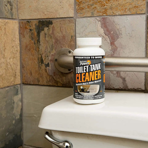 Powerful Toilet Tank Cleaner Powder With Citric Acid Removes Rust And Mineral Build Up No Scrub Needed For A Sparkling Bathroom Tank 16 Oz Fast Acting Formula Keeps Your Tank Fresh And Clean bottle on toilet tank in bathroom