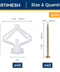 Drywall Anchor Kit With Screws 80 Pcs Self Drilling Hollow Wall Anchors For Three Eighths To One Half Inch Walls Easy Install With Standard Three Eighth Inch Drill Bit Includes 40 Anchors And 40 Screws Heavy Duty Mounting Hardware For Secure Fixes, 80pcs size chart