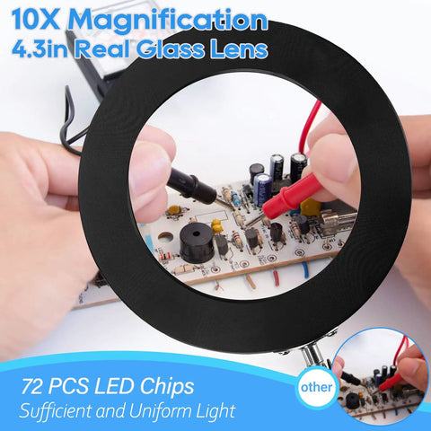10X Lighted Magnifying Glass With Adjustable Swing Arm And 72 LEDs Real Glass Lens Loupe For Reading Hobbies Crafts And Workbench, 3 Color Modes And Stepless Dimming For Crisp Clarity