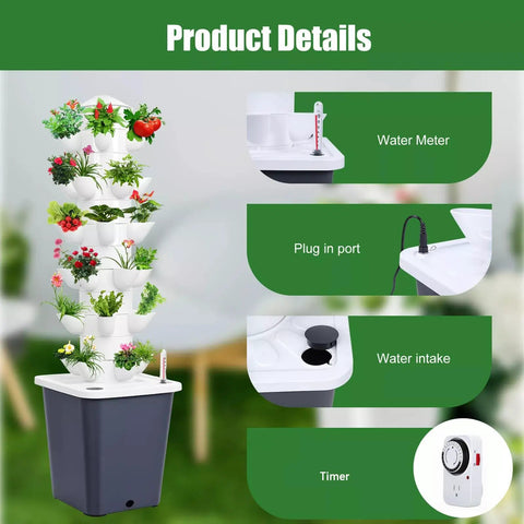 Vertical Hydroponic Tower Kit For Indoor Herb And Veggie Garden, 30 Plant Slots, Silent Water Pump, Timer And Adapter details