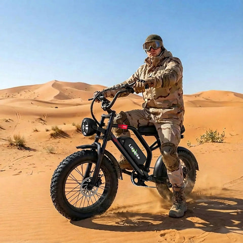 1500W Peak Electric Fat Tire Mountain Bike for Adults with 32 MPH Top Speed riding in desert terrain