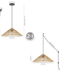 Brown Farmhouse Coastal One Light LED Pendant With Rattan Cone Shade, Plug In Or Hardwired Swag Lamp, 2-in-1 Design