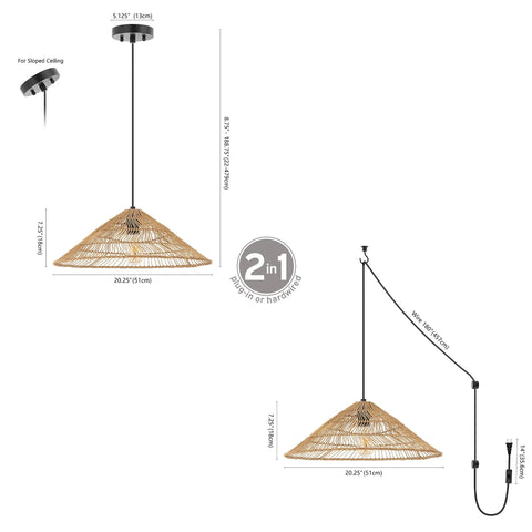 Brown Farmhouse Coastal One Light LED Pendant With Rattan Cone Shade, Plug In Or Hardwired Swag Lamp, 2-in-1 Design