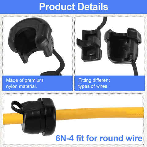 10 Pcs 6N4 And 4N4 Strain Relief Cord Connectors for Round Wires black nylon cable grommets shown with wire fitting details