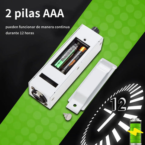 P2 Portable In Ear Monitor Amplifier with XLR TRS input, battery compartment showing 2 AAA batteries, stereo mono switch