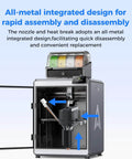 3D printer showcasing K2 Plus Ceramic Heating Block Kit with Unicorn Quick Swap Nozzle Kit, all-metal integrated design for easy disassembly