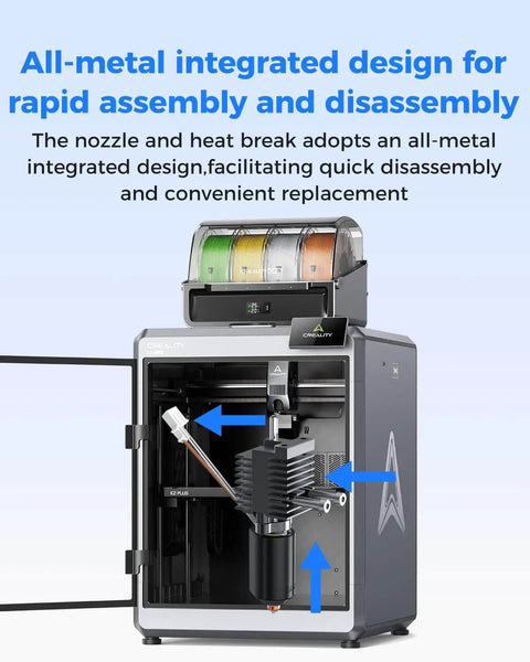 3D printer showcasing K2 Plus Ceramic Heating Block Kit with Unicorn Quick Swap Nozzle Kit, all-metal integrated design for easy disassembly