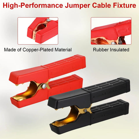 Two Pack Heavy Duty Copper Battery Charger Clamps, red and black alligator clips, insulating sheath, visible grip design.