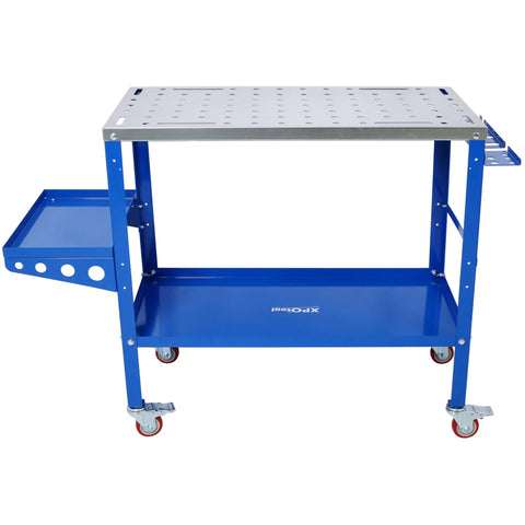 Badass Welding Table 36 By 18 Inches Solid Steel Workbench with blue finish, smooth rolling casters, and tool slots.