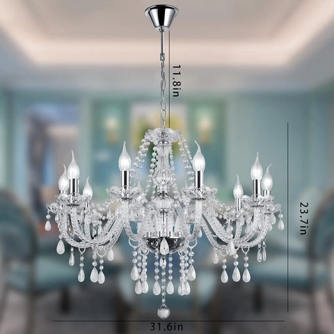 10 Light K9 Crystal Chandelier in Silver Finish For Dining Room Living Room Hallway Modern Rain Drop Glass Pendant Lamp