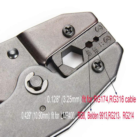 Close-up of Beefed Up RF Coax Crimp Tool Kit With 0.429 Inch Hex Die, showing die sizes 0.128 and 0.100 cavities for cables.
