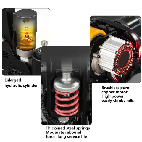 Close-up of Hydraulic components of Heavy Duty Electric Pallet Jack Truck With 4409 Lbs Capacity And Powerful Drive Motor For Indoor Storage Warehouse Material Handling Jobs.