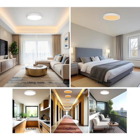 LED ceiling light in living room, bedroom, kitchen, hallway, and balcony settings, illuminating spaces effectively.