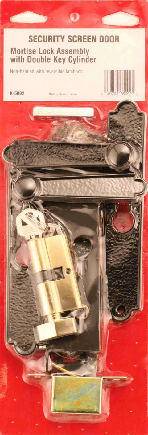 K 5092 Steel and Diecast Security Door Heavy-Duty Keyed-Locking Mortise Handle Set, black finish, in packaging