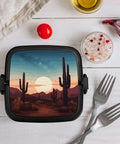 Desert Cactus Themed Bento Box For Adults Grab And Go 2 Tier Portable Lunch Box With Spoon Reusable Insulated Lunch Container Leak Proof Ideal For Work Camping And Meal Prep with desert sunset design on table with utensils and salt