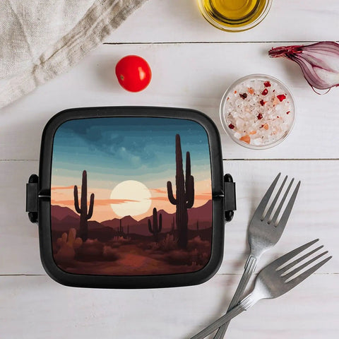 Desert Cactus Themed Bento Box For Adults Grab And Go 2 Tier Portable Lunch Box With Spoon Reusable Insulated Lunch Container Leak Proof Ideal For Work Camping And Meal Prep with desert sunset design on table with utensils and salt