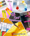 Kids Science Lab Kit With Seventy Plus Experiments, showcasing five experiment visuals including pH test and lemon iodine volt.