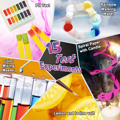 Kids Science Lab Kit With Seventy Plus Experiments, showcasing five experiment visuals including pH test and lemon iodine volt.