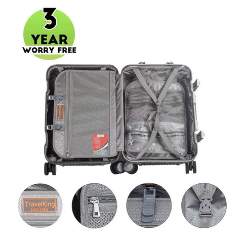 Open view of All Aluminum Carry On Luggage With TSA Locks Hard Shell Spinner Suitcase, 20 inch showing interior compartments and zippers
