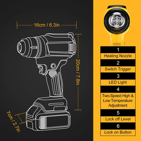 Cordless 20V Heat Gun With 350W Power, LED Light, dimensions, features outline including heating nozzle and switch trigger