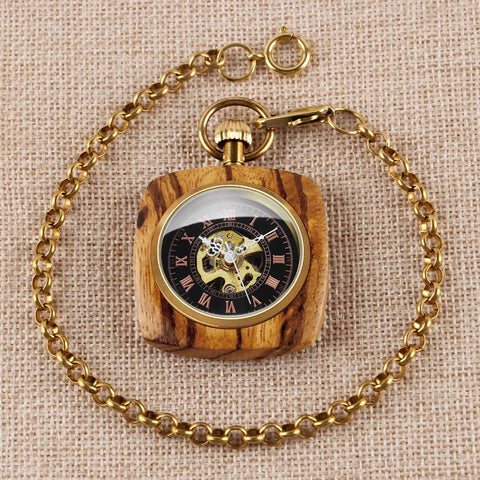 Retro Square Red Brown Wooden Hand Wind Pocket Watch For Men With Chain Capless Hollow Mechanical Timepiece No Battery Classic Vintage Vibe For Everyday Carry