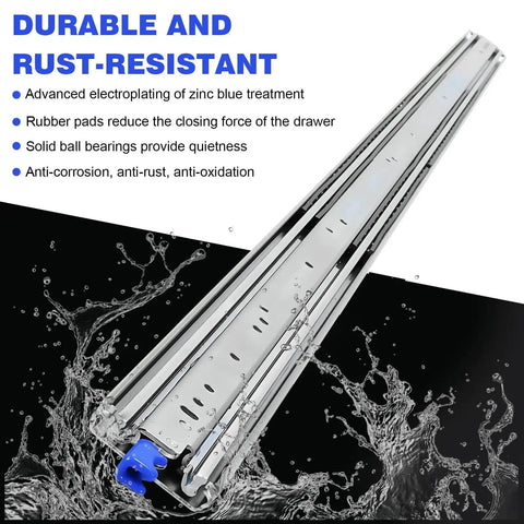Beefed Up 500 Lb Drawer Slides, 72 To 80 Inch Full Extension With Automatic Lock, Steel Ball Bearing Rails For Smooth Glide, Built Tough For Cabinets, Tool Chests, Vans And RVs steel slide close-up with rust-resistant finish