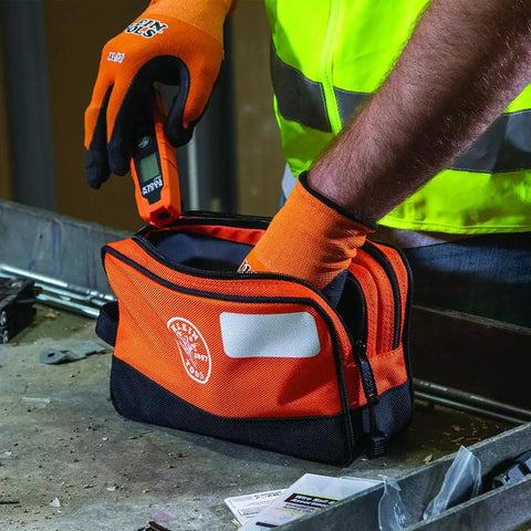 Heavy Duty Tool Pouch With Dual Compartments For Quick Organization Of Meters Leads Sockets Wrenches And Small Parts In A Tough As Nails Multipurpose Tool Bag You Can Count On on workbench