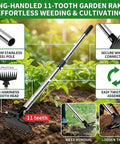45.67 Inch Standing Hand Weeder With Long Handle Hoe And Non Slip Grip, Portable Root Puller with 11-tine head in garden use
