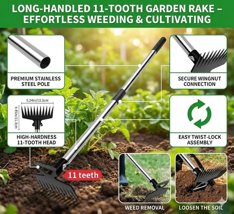 45.67 Inch Standing Hand Weeder With Long Handle Hoe And Non Slip Grip, Portable Root Puller with 11-tine head in garden use