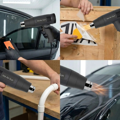 All-In-One Vinyl Wrap Heat Gun Kit For Cars And Window Tinting, 1800W 110V Hot Air Tool being used on various surfaces