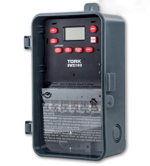 Front view of Plug-and-Play Astronomic 7 Day Time Switch for Auto On Off Scheduling, showcasing digital display and red buttons.