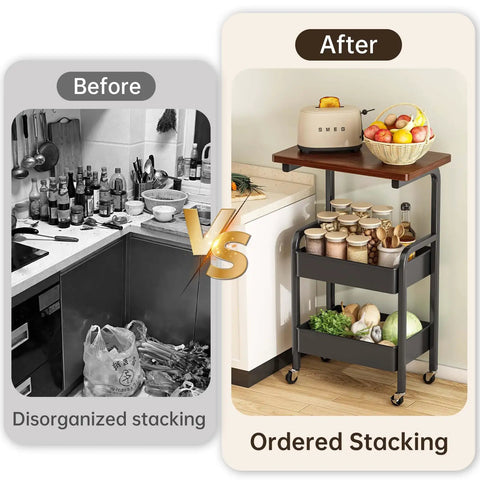 Before and after of kitchen organization showing 3 Tier Metal Rolling Utility Cart With Walnut Top, Stable Mobile Storage.