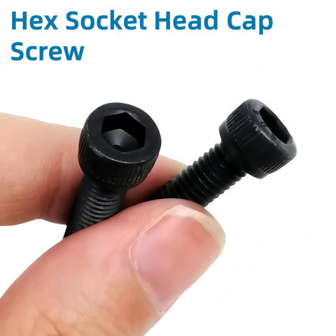 Close-up of hex socket head cap screws from All In One M3 Screws Assortment Kit With Nuts And Washers, black zinc plated, in hand.