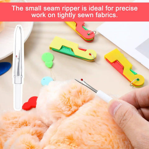 Using small seam ripper on tightly sewn fabric, colorful 10 Pack Automatic Needle Threader Set Easy No Fuss Needle Threading Tool visible.
